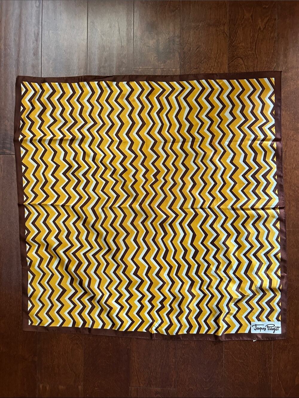 Vintage Jacques Piaget Zigzag Silky Scarf in Yellow, Brown & White